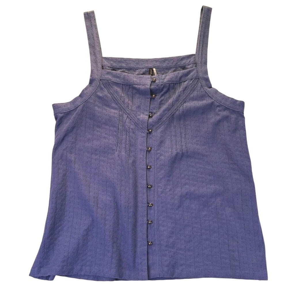 North River Womens XL Blue Cotton Eyelet Button Front Pintuck Tank Top Bohemian